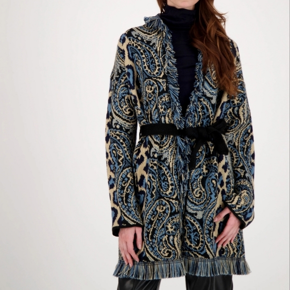Twenty Sweaters - NWT Paisley Boho Fringe Open Front Knit Cardigan with Tie